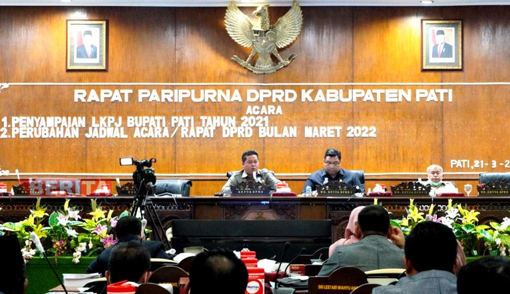 Rapat Paripurna Penyampaian Laporan Keterangan Pertanggungjawaban (LKPJ) Bupati Pati tahun 2021 dan rapat perubahan jadwal acara DPRD Pati pada bulan Maret 2022, Senin (23/3). (Istimewa)