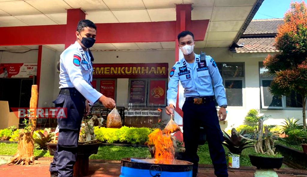 Petugas saat memusnahkan bungkusan pil koplo yang dicampurkan pada makanan orek tempe. (Dok. Lapas Kelas 1 Semarang)