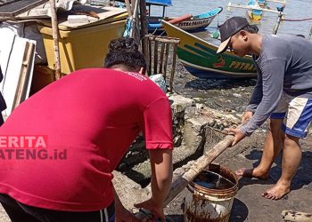 Warga setempat mengangkut tumpahan minyak yang mereka kumpulkan dari perairan Cilacap, Selasa (28/06). (Antara/Beritajateng.id)