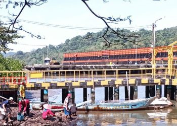 Warga mengumpulkan tumpahan minyak di perairan Cilacap, Selasa (28/06). (Antara/Beritajateng.id)