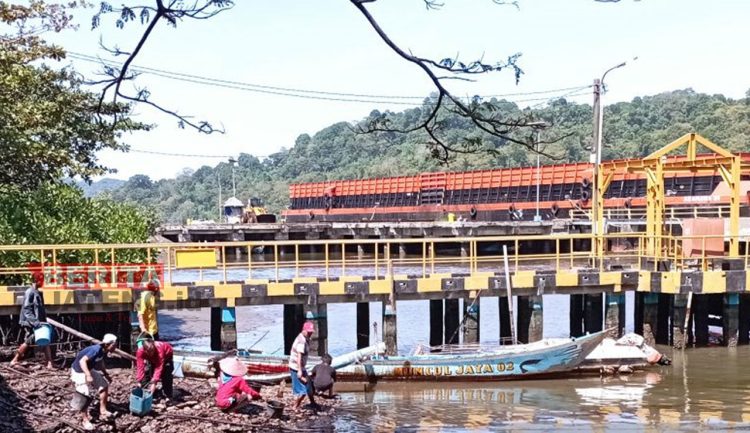 Warga mengumpulkan tumpahan minyak di perairan Cilacap, Selasa (28/06). (Antara/Beritajateng.id)