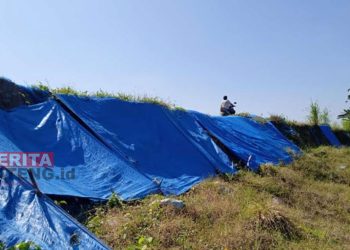 Kondisi tanggul Sungai Tuntang di Desa Papanrejo di Kecamatan Gubug, Kabupaten Grobogan yang hanya ditutup terpal oleh pihak kontraktor. (Muhamad Ansori/Koran Lingkar)
