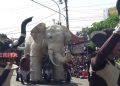 Peserta dari Desa Kembanglimus mengusung instalasi gajah pada kirab budaya G20 di Kecamatan Borobudur, Kabupaten Magelang pada Senin, 12 September 2022. (Istimewa)