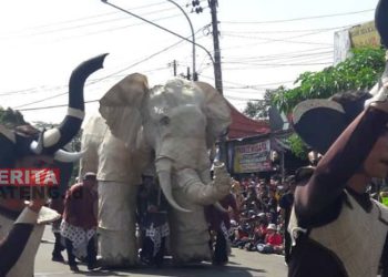 Peserta dari Desa Kembanglimus mengusung instalasi gajah pada kirab budaya G20 di Kecamatan Borobudur, Kabupaten Magelang pada Senin, 12 September 2022. (Istimewa)